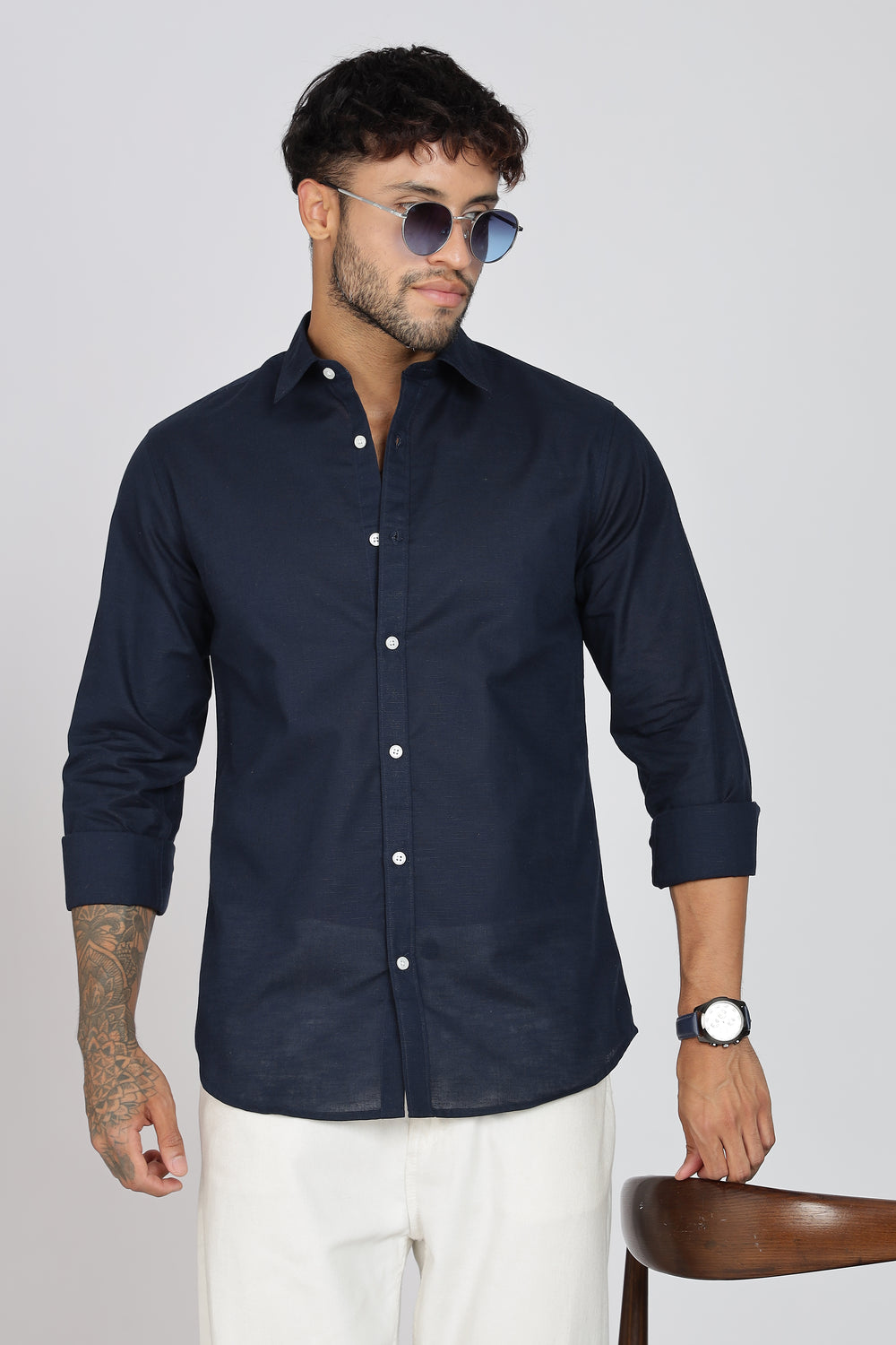 Dark Blue Linen-Blend Shirt