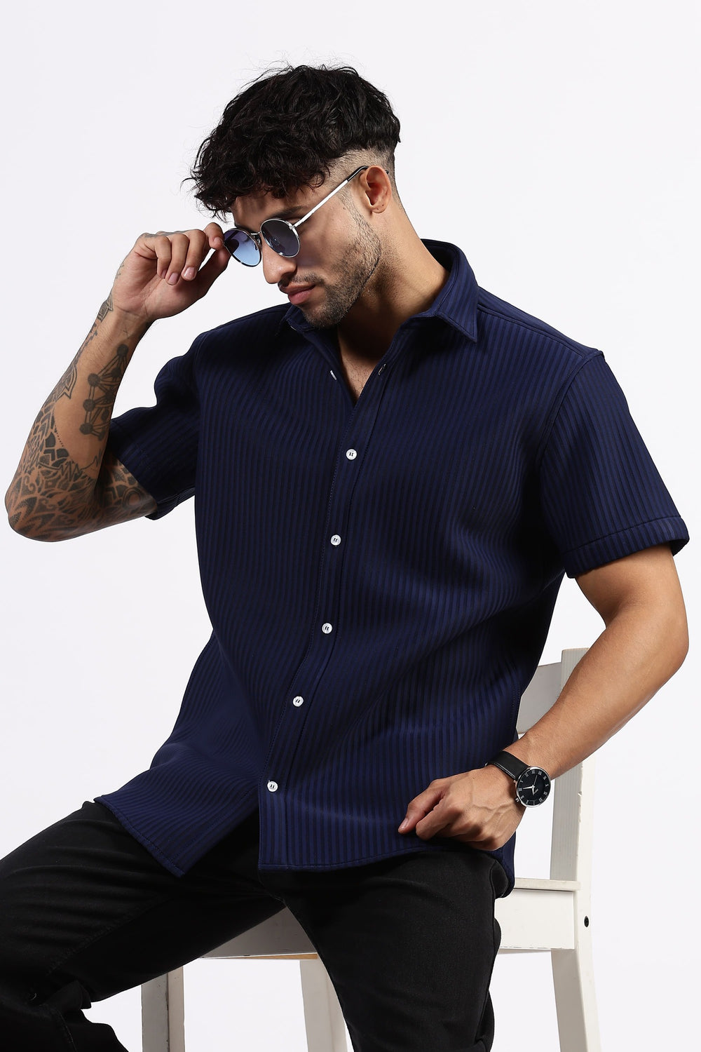 Premium Navy blue striped Scuba Shirt
